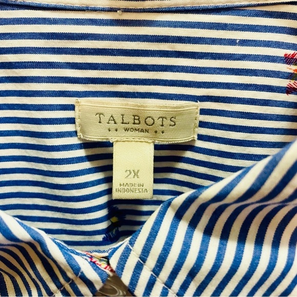 Talbots Blue and White Stripe Butterfly Print Button Down Shirt 2X - Picture 3 of 7